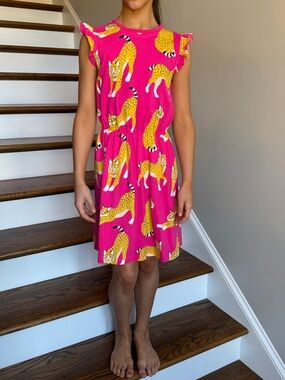NWOT Mini Boden Girls' Pink Lynx Print Frill Sleeve Jersey Sundress Dress 11-12